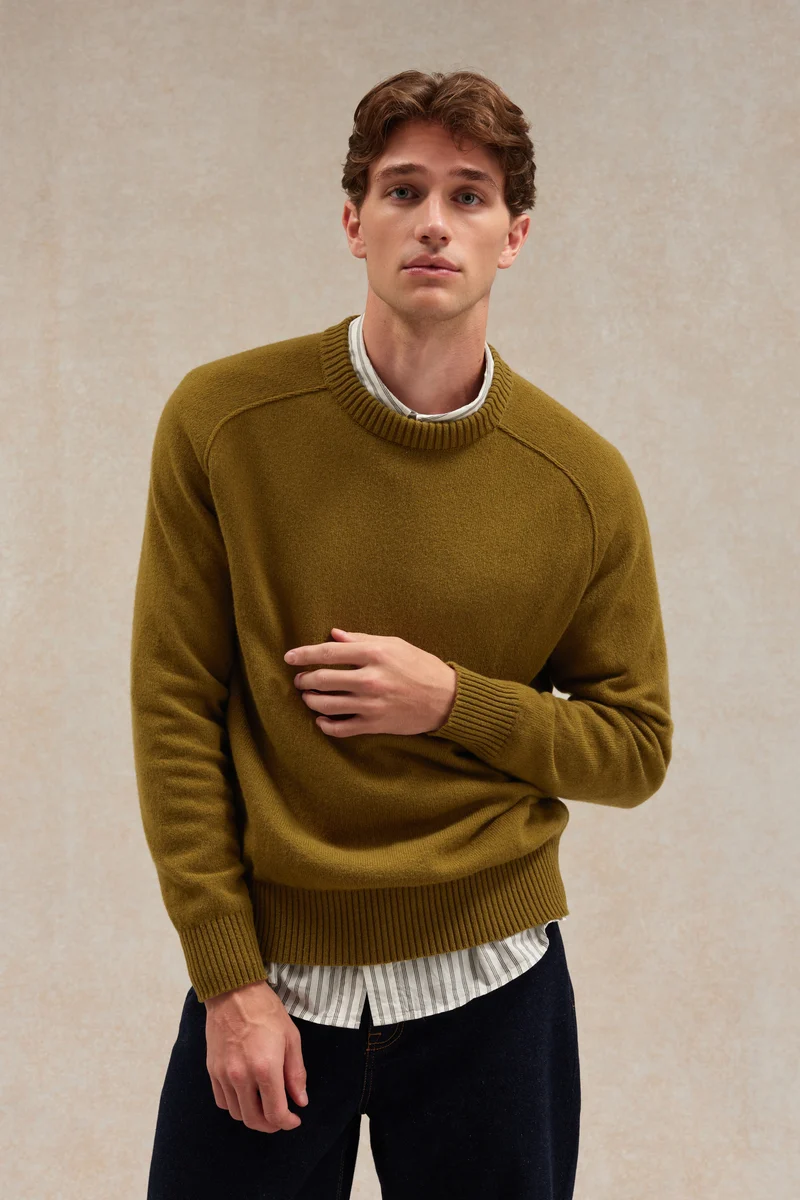 Pull homme col rond olive