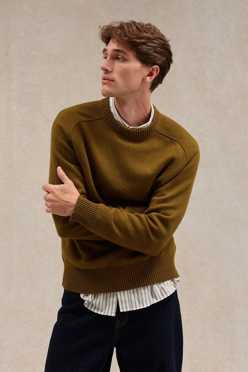 Pull homme col rond olive