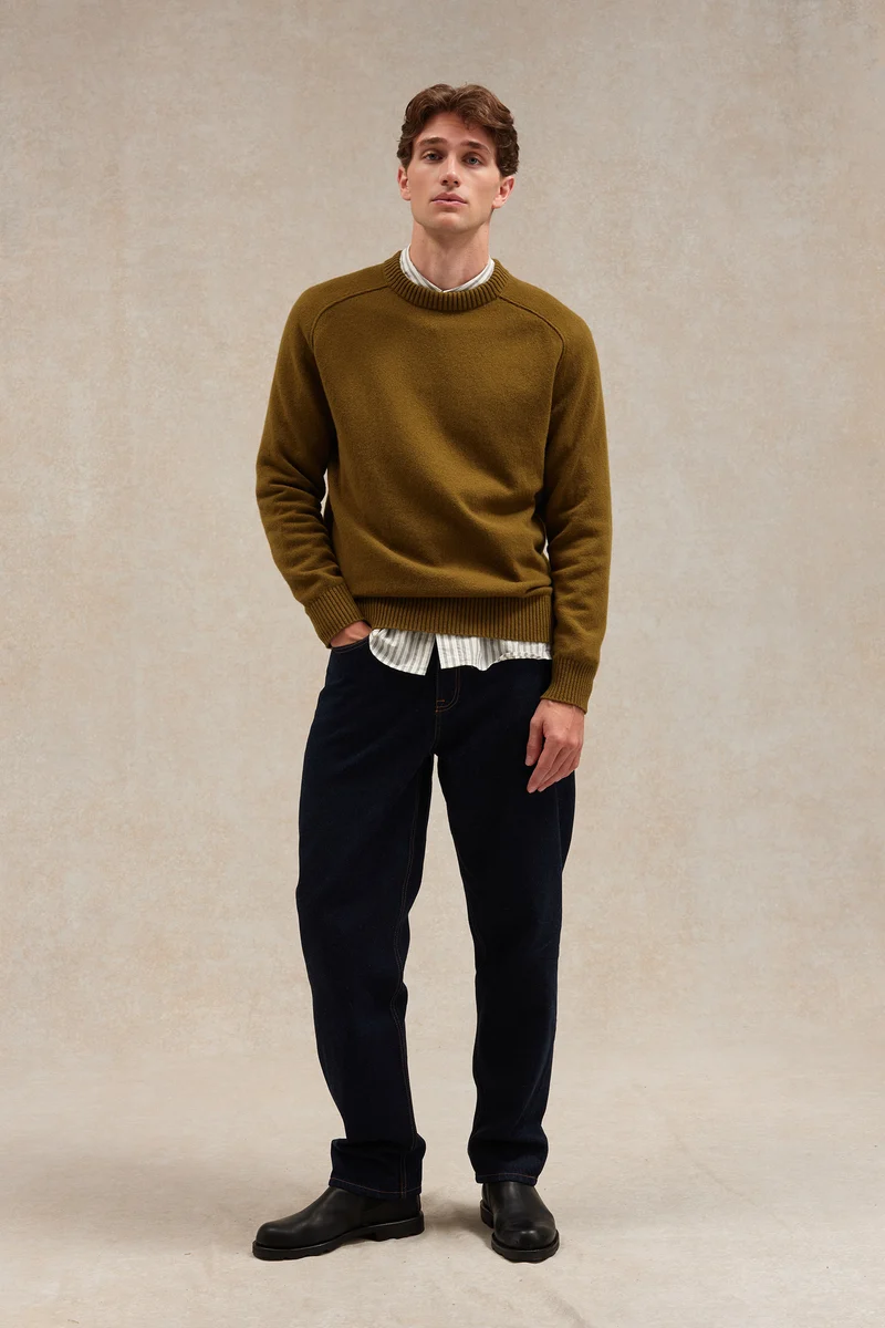 Pull homme col rond olive