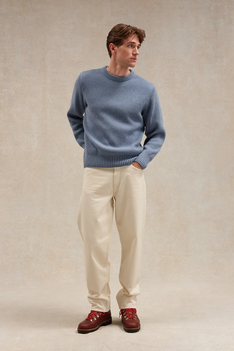 Pull homme col rond à côtes bleu orage