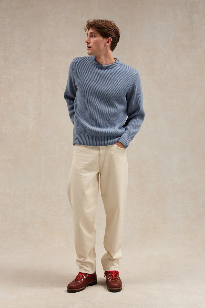 Pull homme col rond à côtes bleu orage