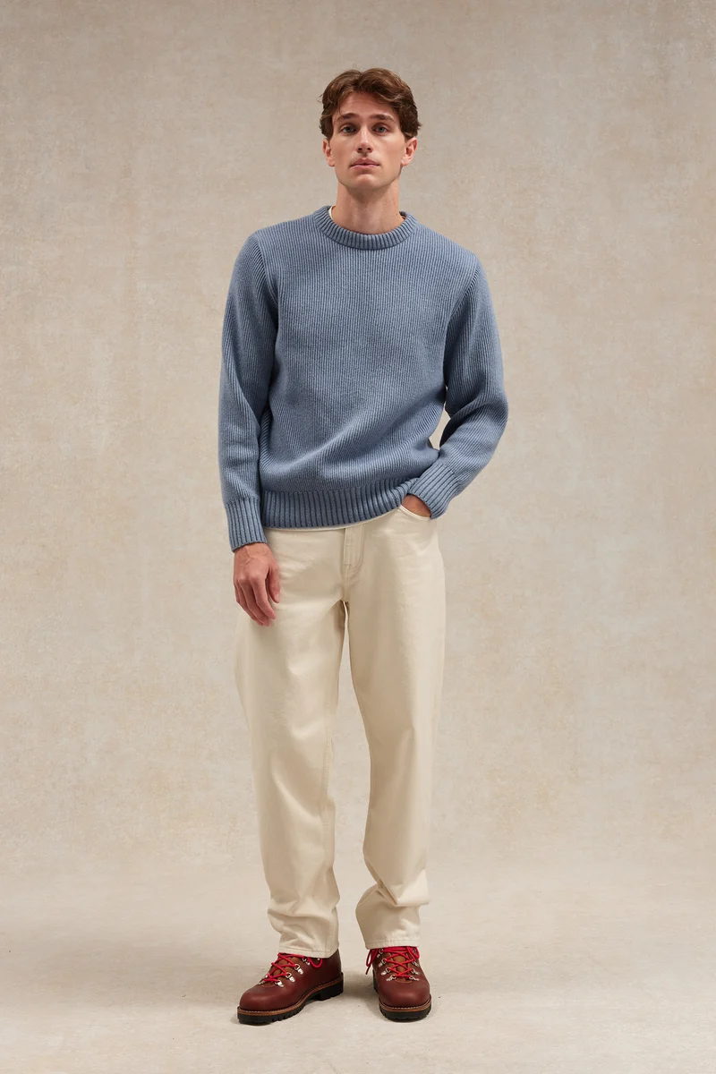 Pull homme col rond à côtes bleu orage