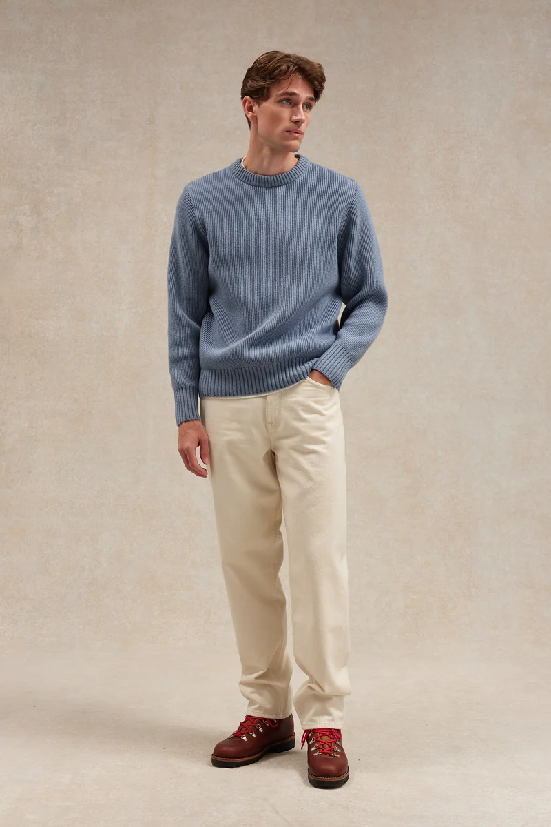 Pull homme col rond à côtes bleu orage