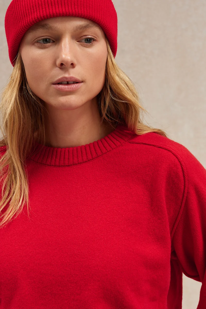 Pull femme col rond rouge