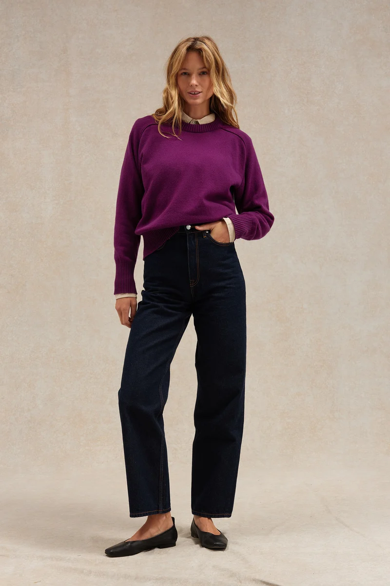 Pull femme col rond prune