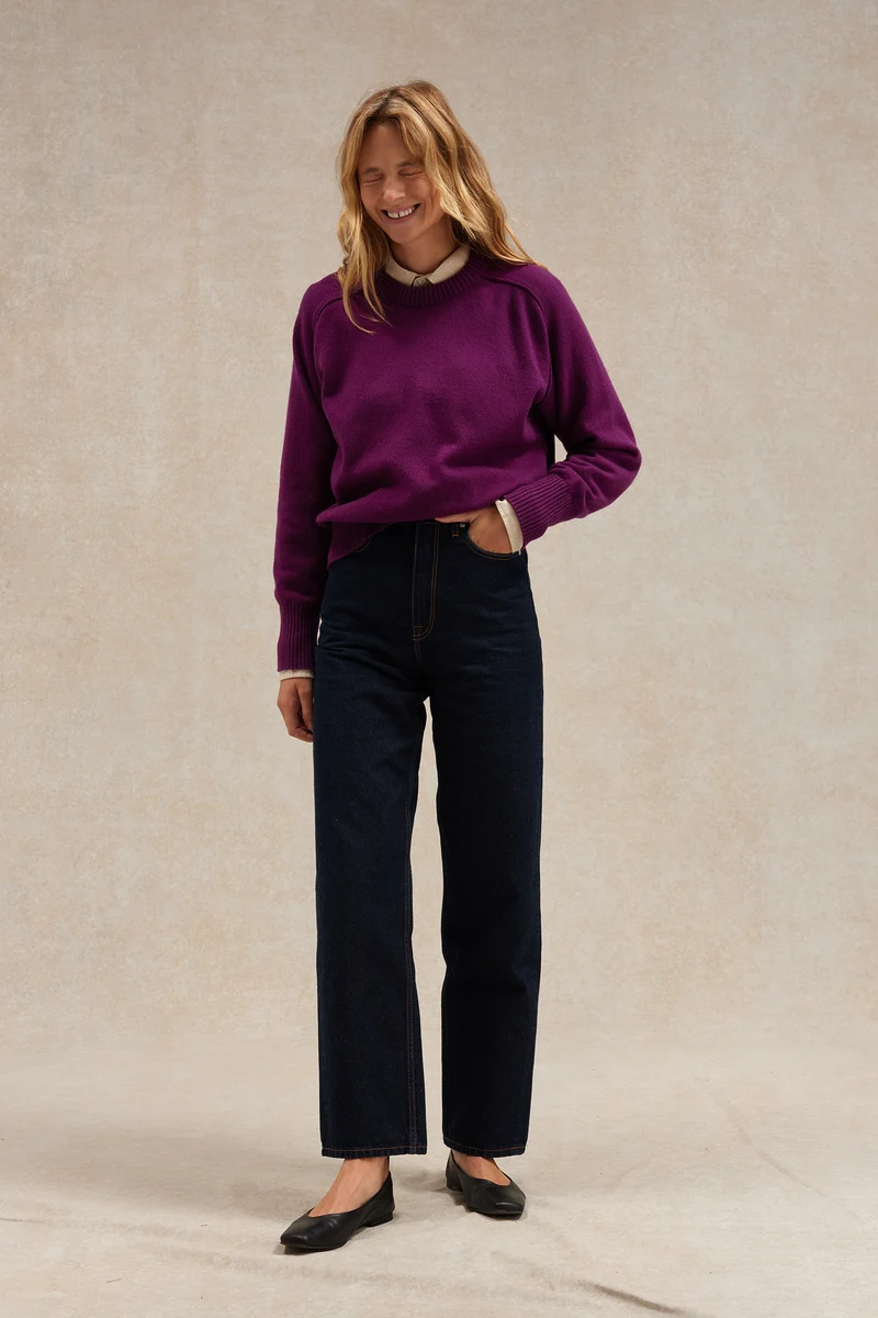 Pull femme col rond prune