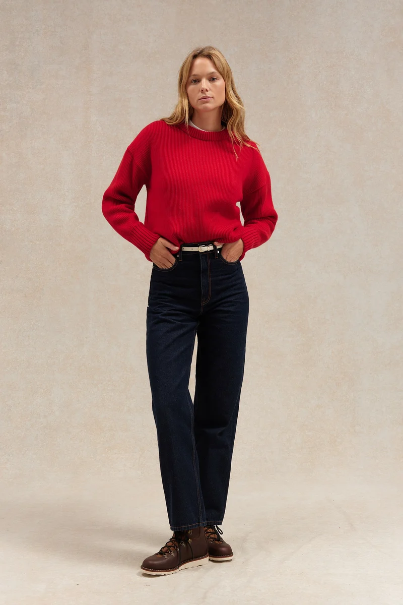 Pull femme col rond rouge à côtes anglaises