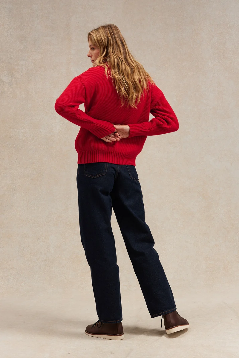 Pull femme col rond rouge à côtes anglaises