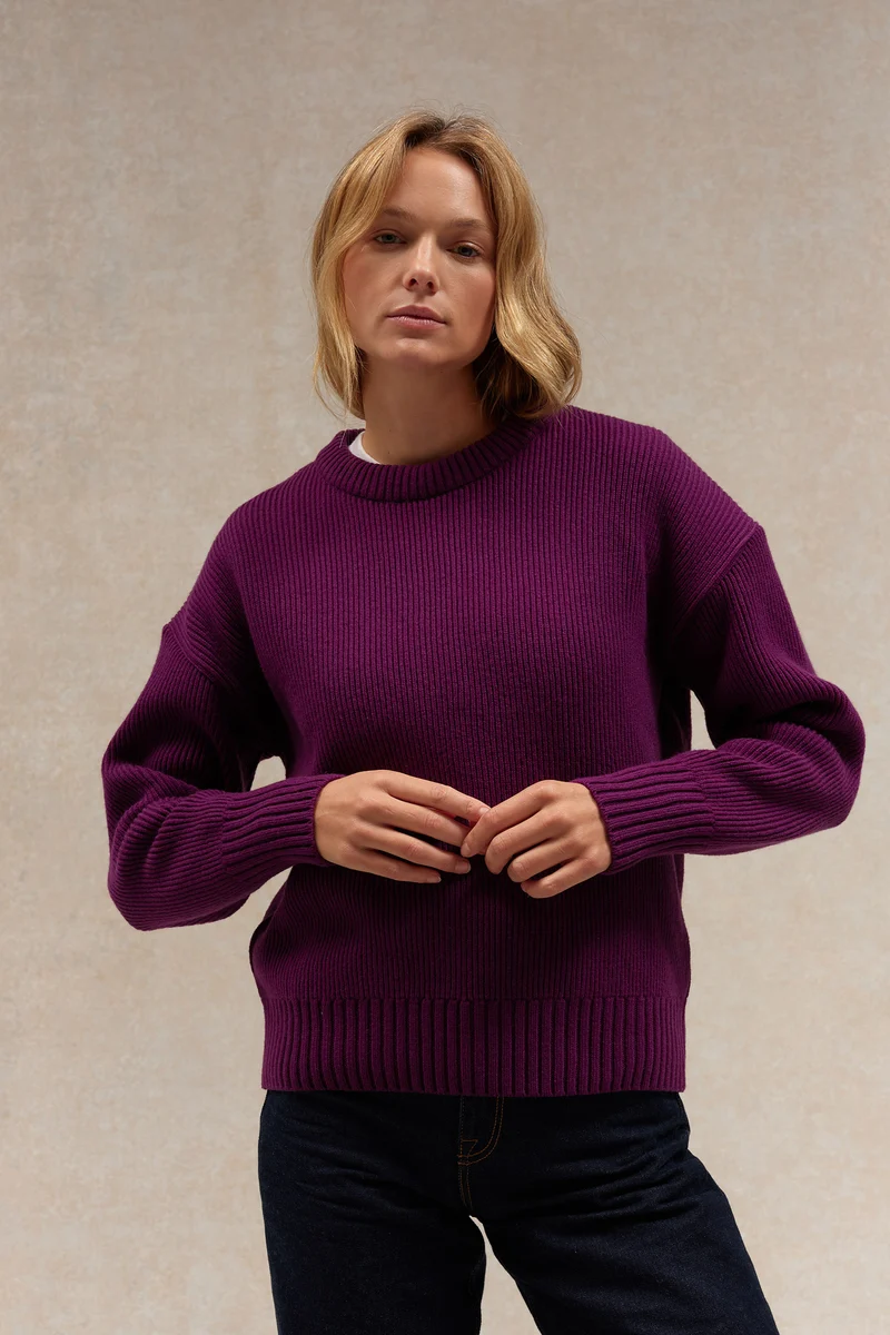Pull femme col rond prune à côtes anglaises
