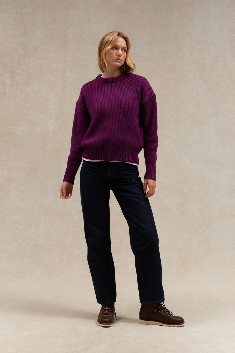 Pull femme col rond prune à côtes anglaises