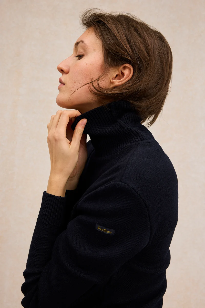 Pull col roulé Marine nationale bleu marine en laine mérinos pour femme