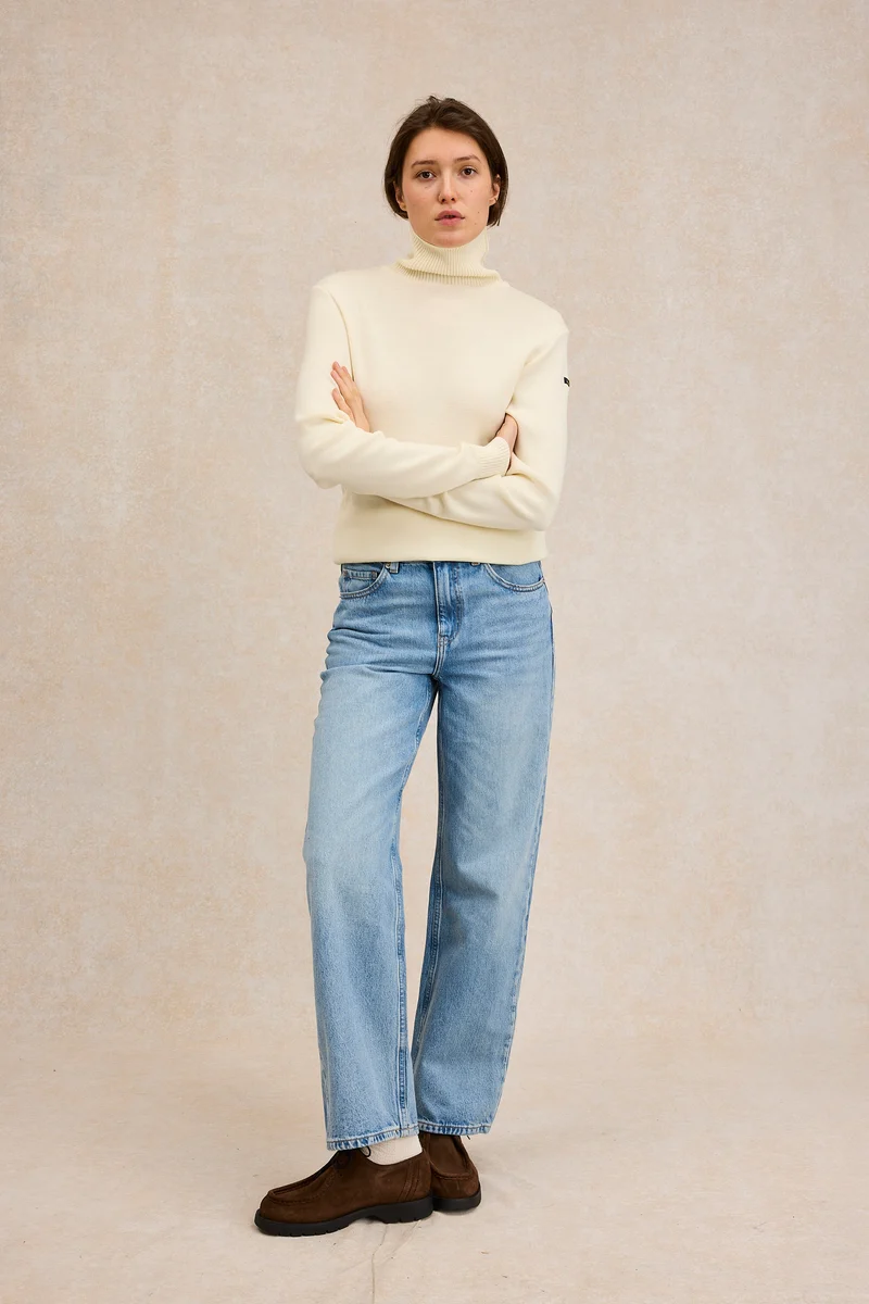 Pull col roulé Marine nationale écru en laine mérinos pour femme
