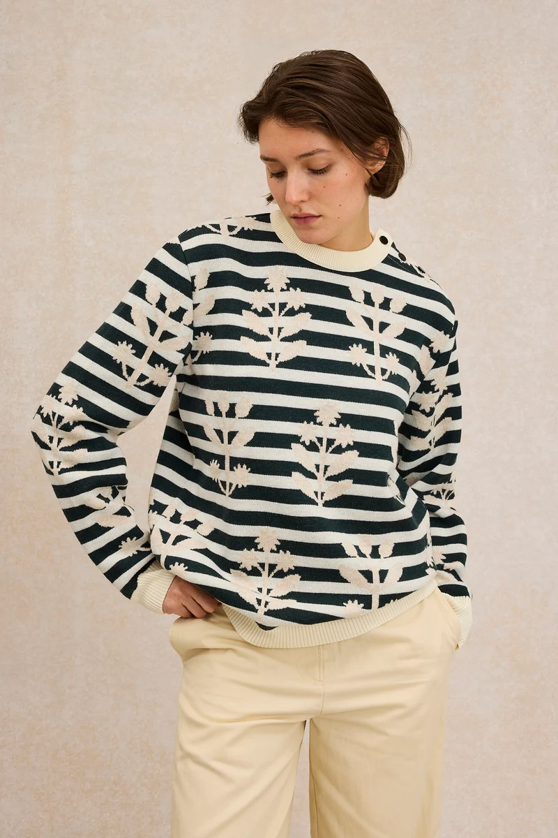 Pull marin à fleurs beige en laine mérinos pour femme - Le Minor x Fragonard