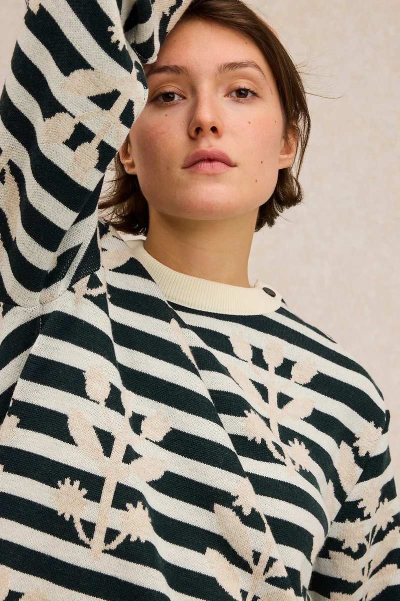 Pull marin à fleurs beige en laine mérinos pour femme - Le Minor x Fragonard