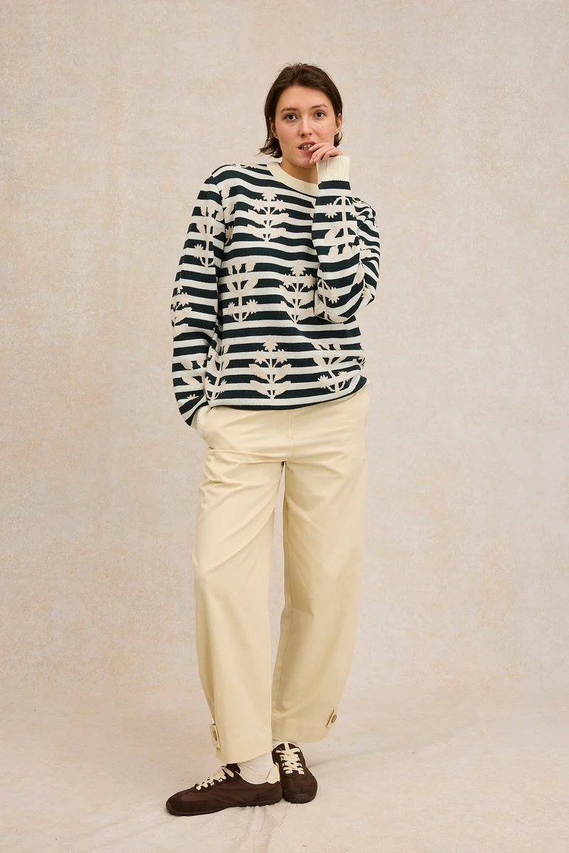Pull marin à fleurs beige en laine mérinos pour femme - Le Minor x Fragonard