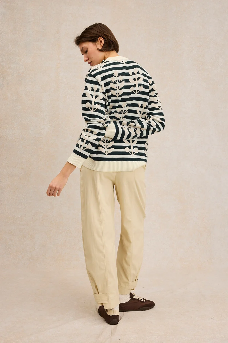 Pull marin à fleurs beige en laine mérinos pour femme - Le Minor x Fragonard