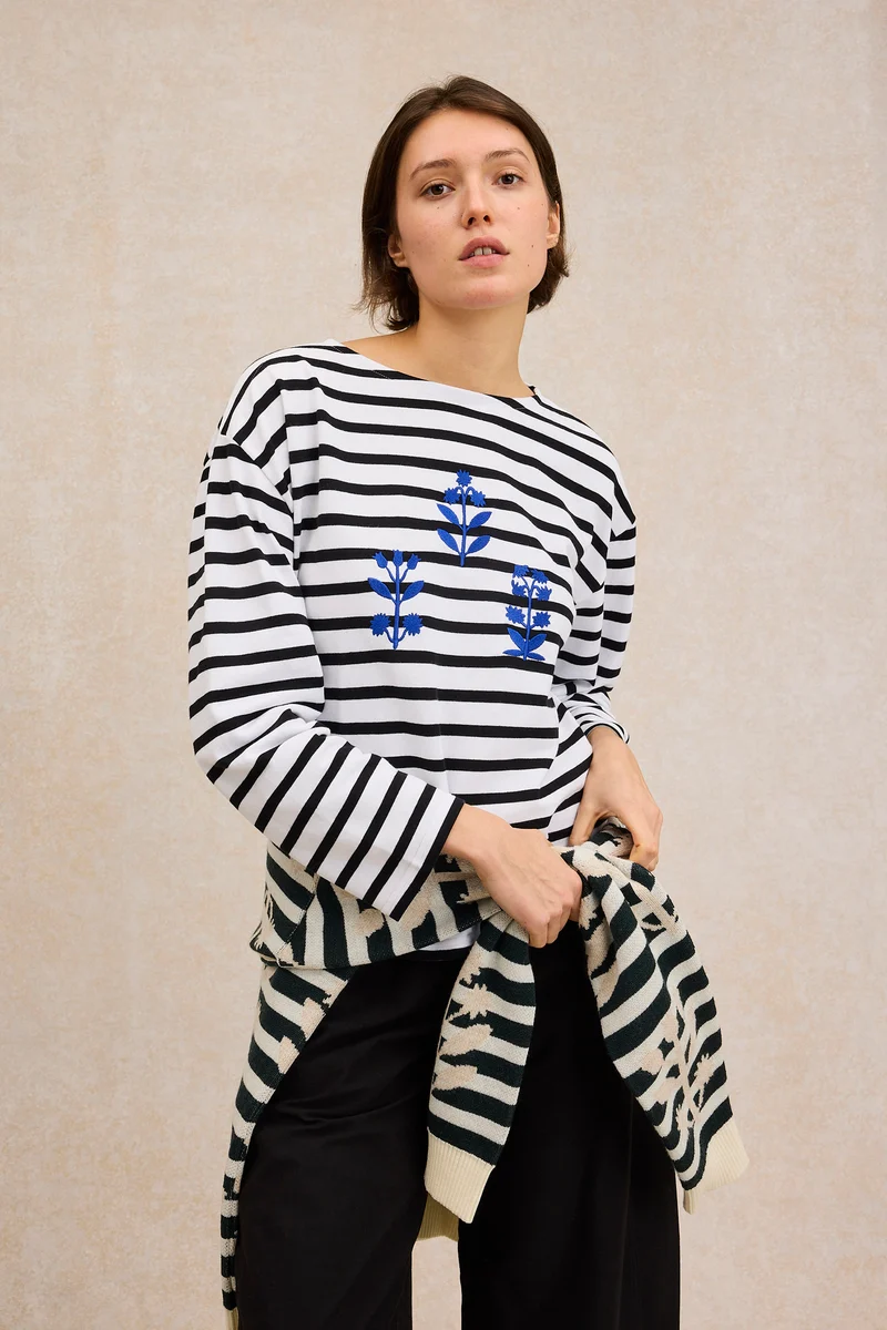 Marinière brodée bleu en coton pour femme - Le Minor x Fragonard