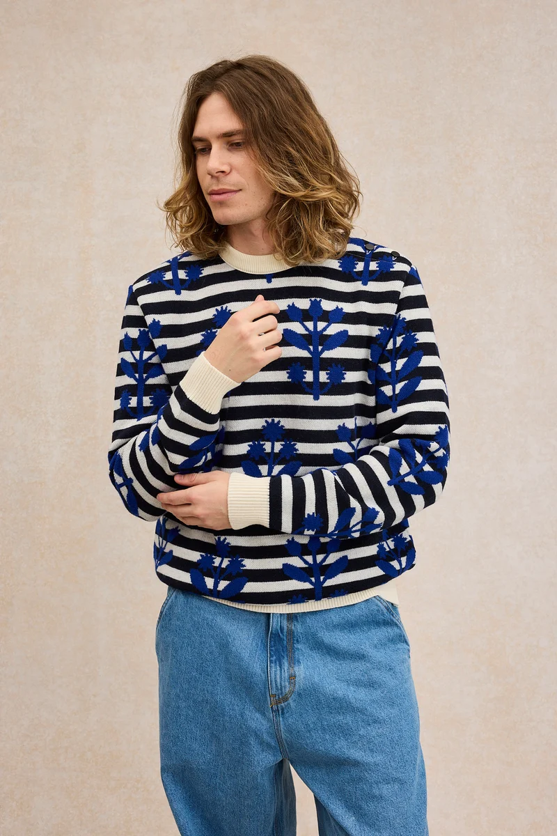 Pull marin à fleurs bleu roi en laine mérinos pour homme - Le Minor x Fragonard