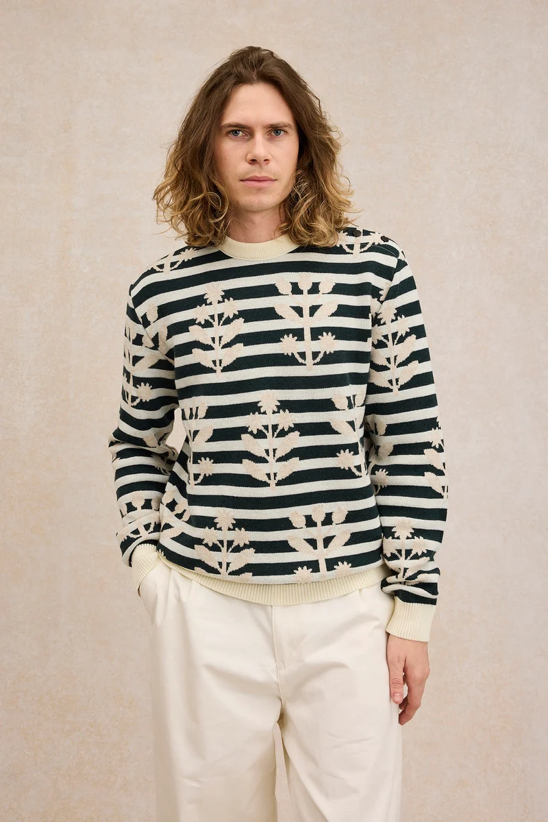 Pull marin à fleurs beige en laine mérinos pour homme - Le Minor x Fragonard