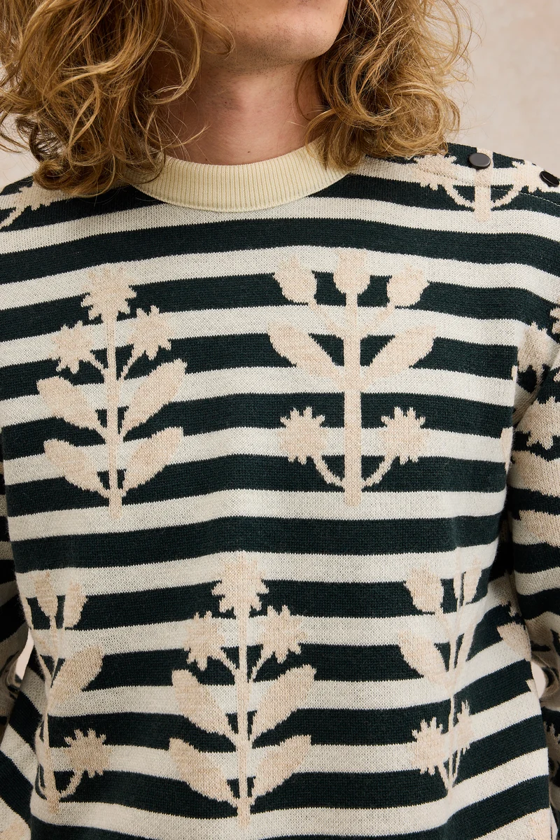 Pull marin à fleurs beige en laine mérinos pour homme - Le Minor x Fragonard
