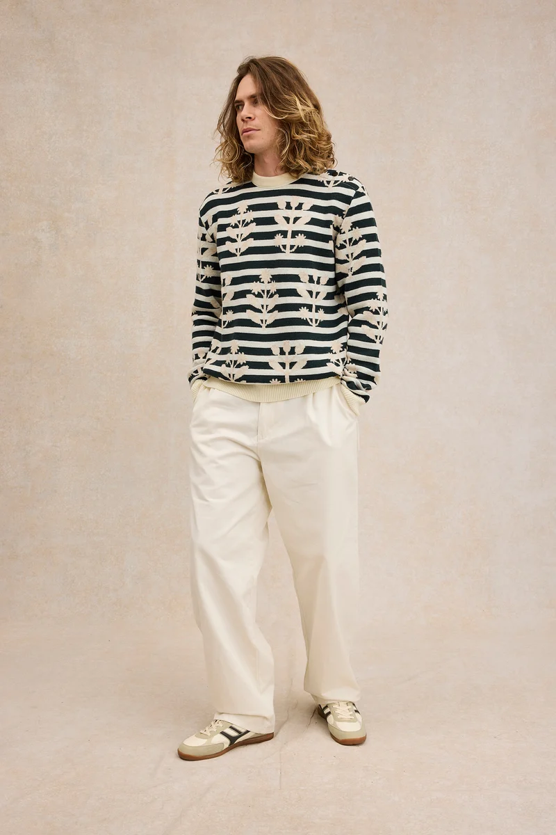 Pull marin à fleurs beige en laine mérinos pour homme - Le Minor x Fragonard