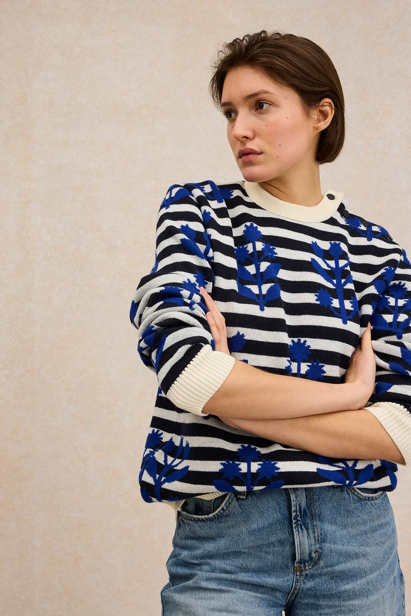 Pull marin à fleurs bleu roi en laine mérinos pour femme - Le Minor x Fragonard