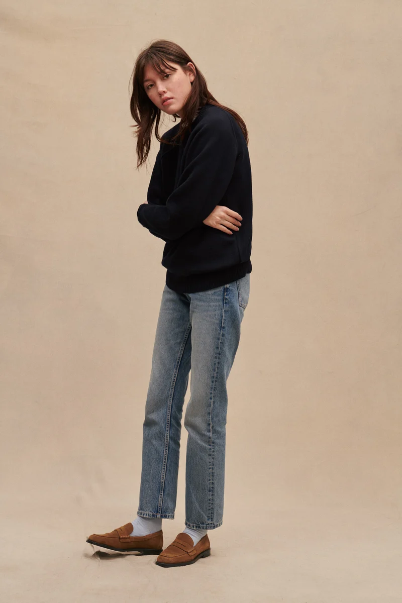 Sweat bleu marine en laine mérinos pour femme