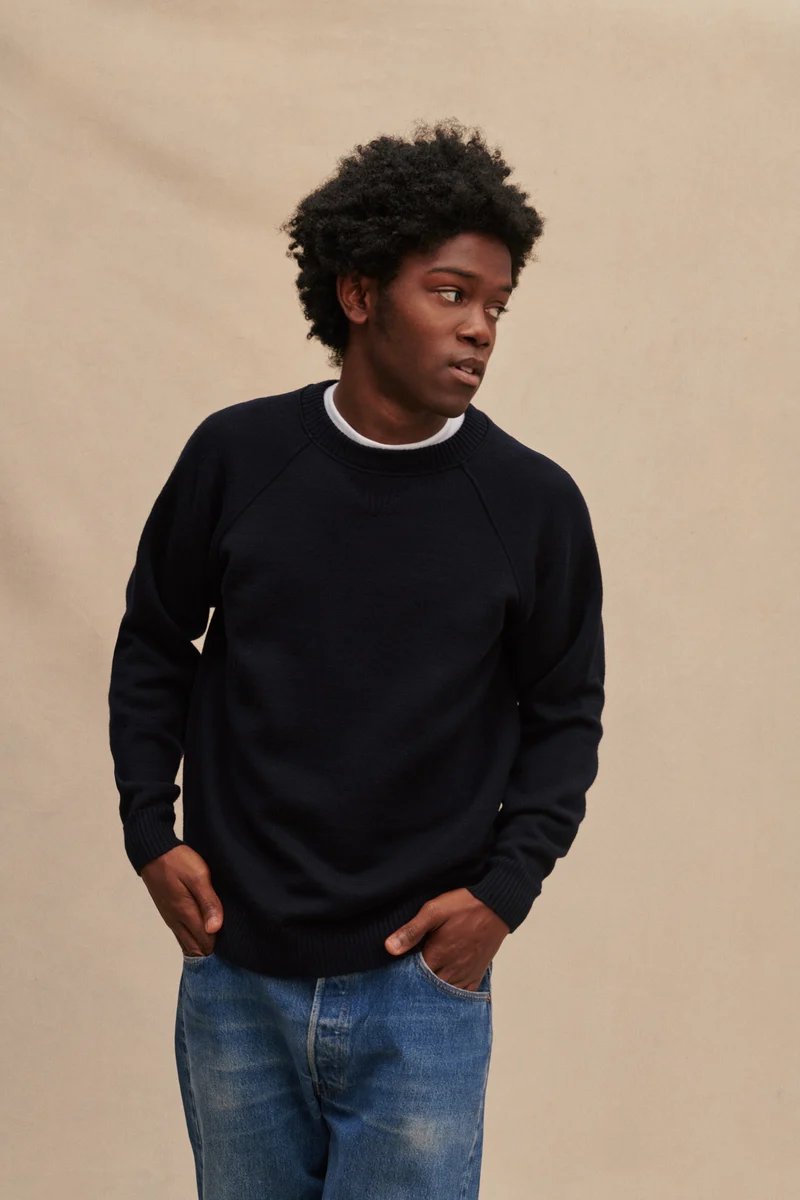 Sweat bleu marine en laine mérinos pour homme