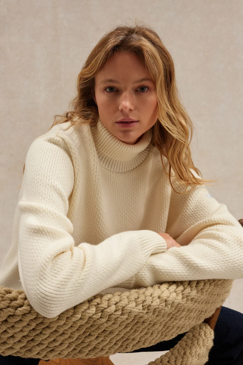 Pull col roulé Norvégien écru pour femme