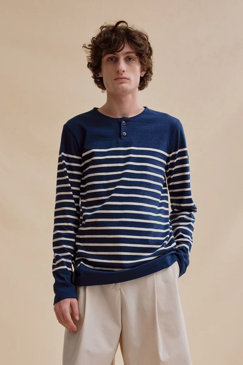 Marinière Marine Nationale col boutonné marine et écru pour homme