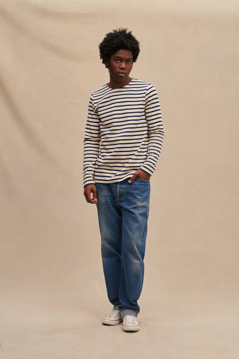Marinière en coton épais écru et bleu marine pour homme