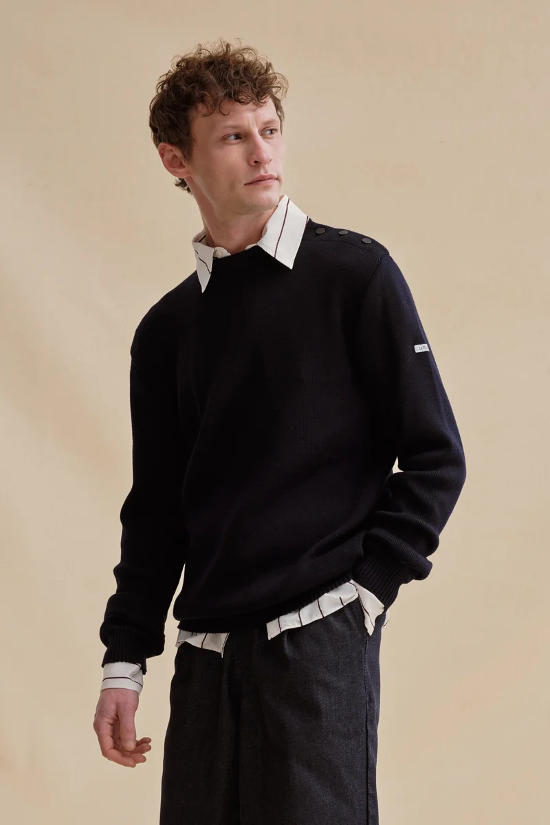 Pull marin ample bleu marine en laine mérinos pour homme