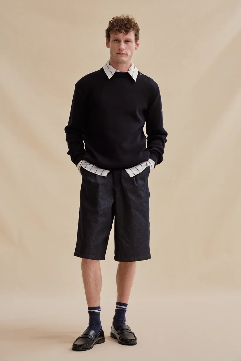Pull marin ample bleu marine en laine mérinos pour homme