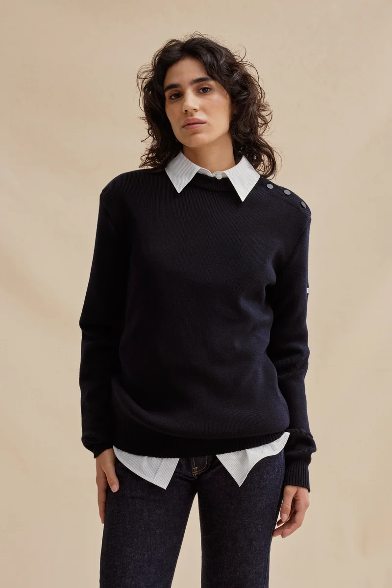 Pull marin ample bleu marine en laine mérinos pour femme