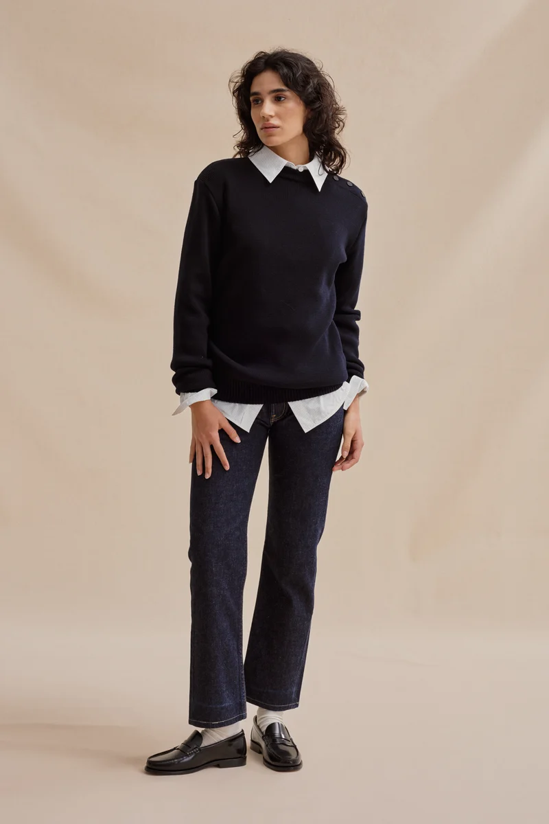 Pull marin ample bleu marine en laine mérinos pour femme