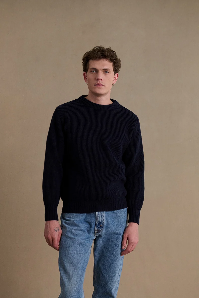 Pull homme col rond à côtes bleu marine