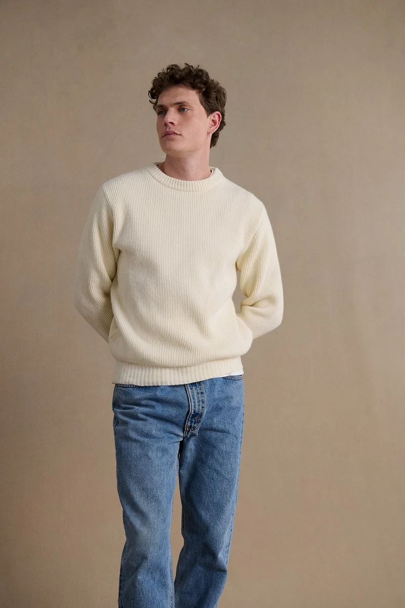 Pull homme col rond à côtes écru