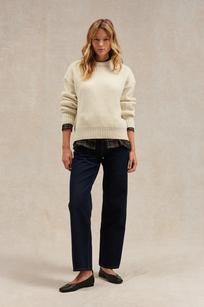 Pull femme col rond écru en côtes anglaises