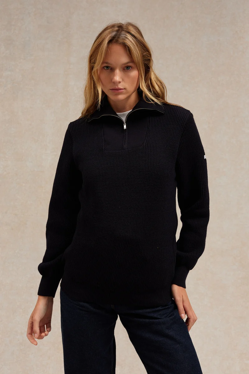 Pull camionneur bleu marine pour femme en laine vierge