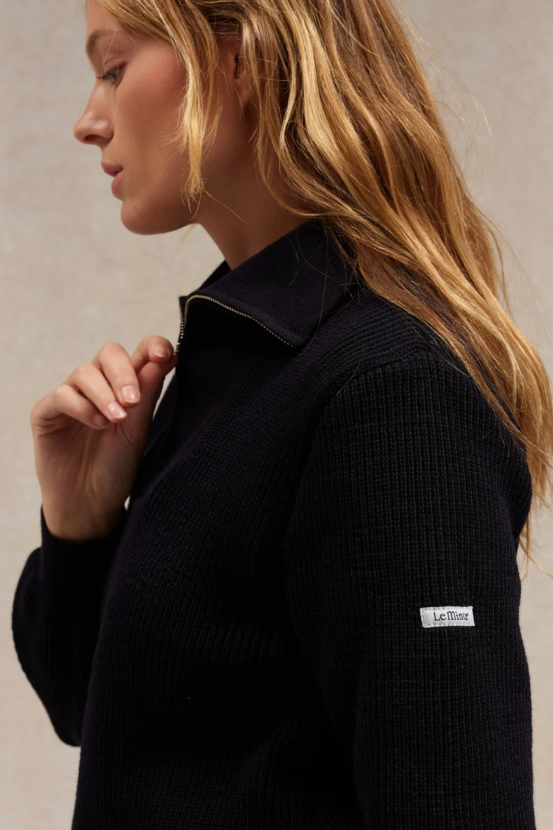 Pull camionneur bleu marine pour femme en laine vierge