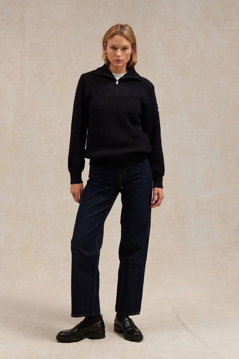 Pull camionneur bleu marine pour femme en laine vierge