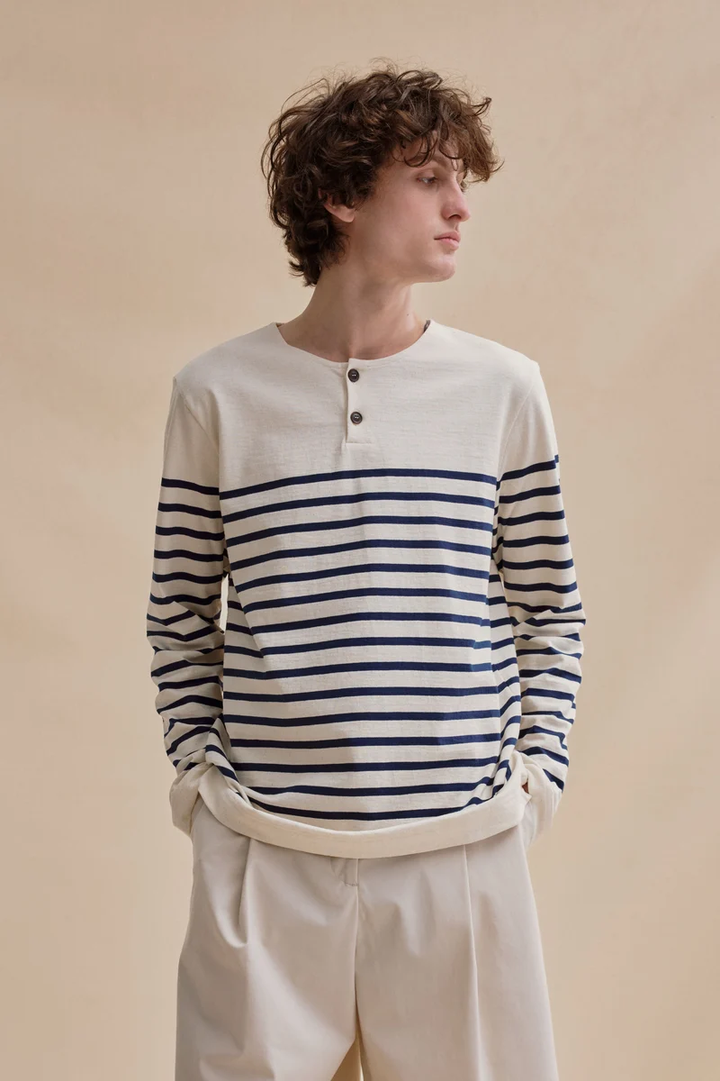 Marinière Marine Nationale col boutonné écru et marine pour homme