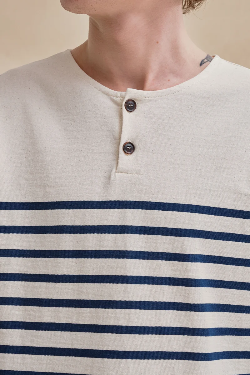 Marinière Marine Nationale col boutonné écru et marine pour homme