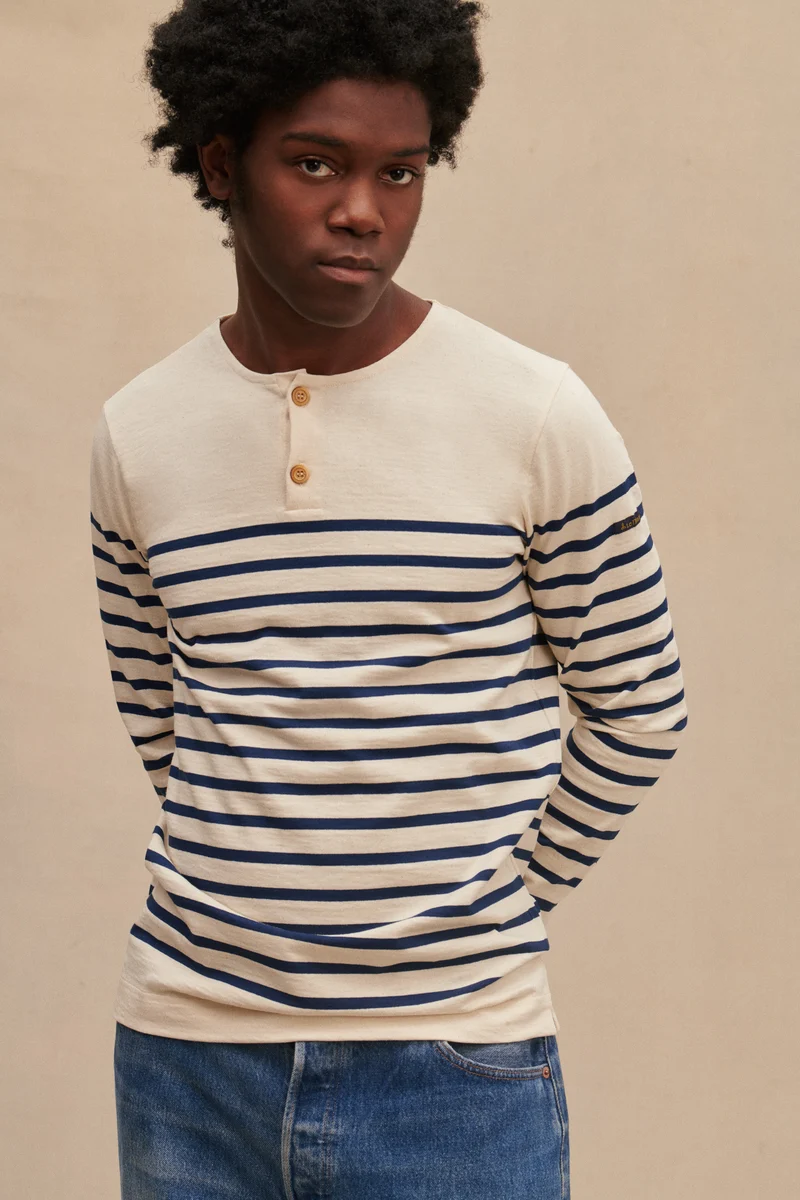 Marinière Marine Nationale col boutonné écru et marine pour homme