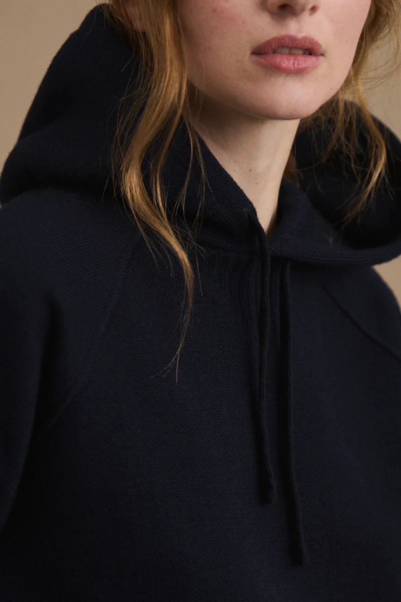 Hoodie bleu marine en laine mérinos pour femme