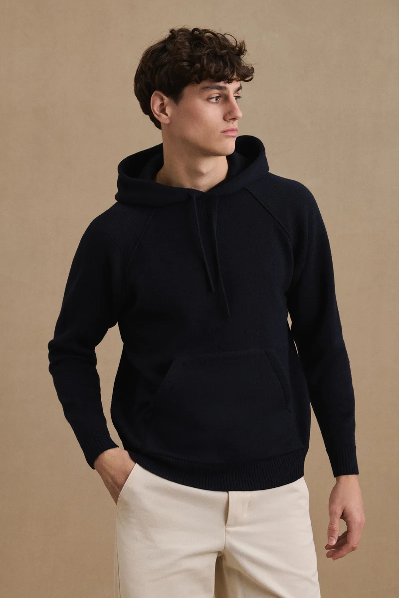 Hoodie bleu marine en laine mérinos pour homme