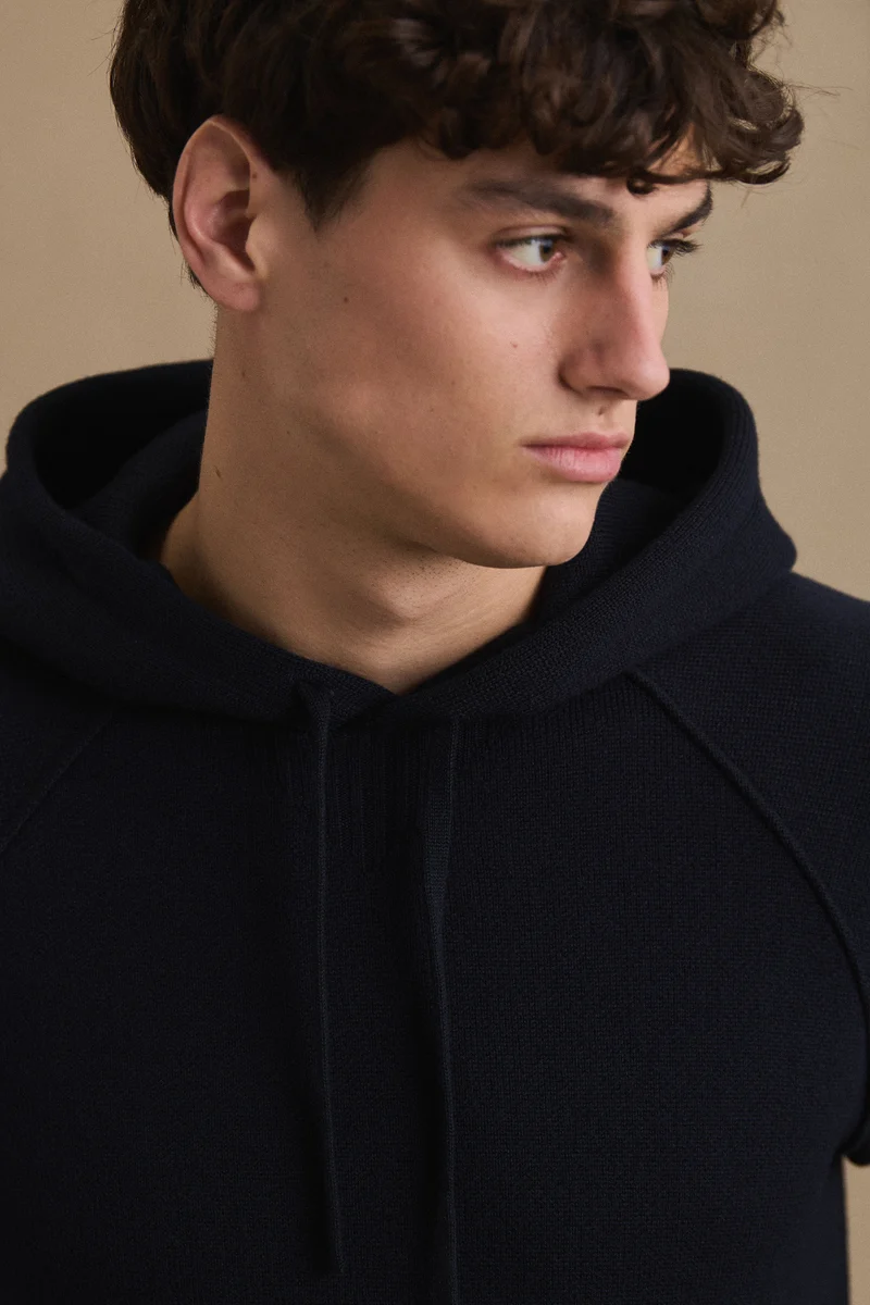 Hoodie bleu marine en laine mérinos pour homme