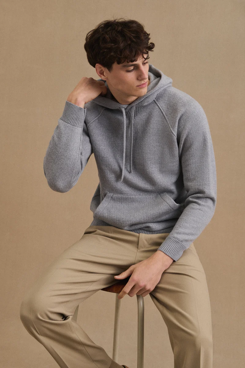 Hoodie gris chiné en laine mérinos pour homme