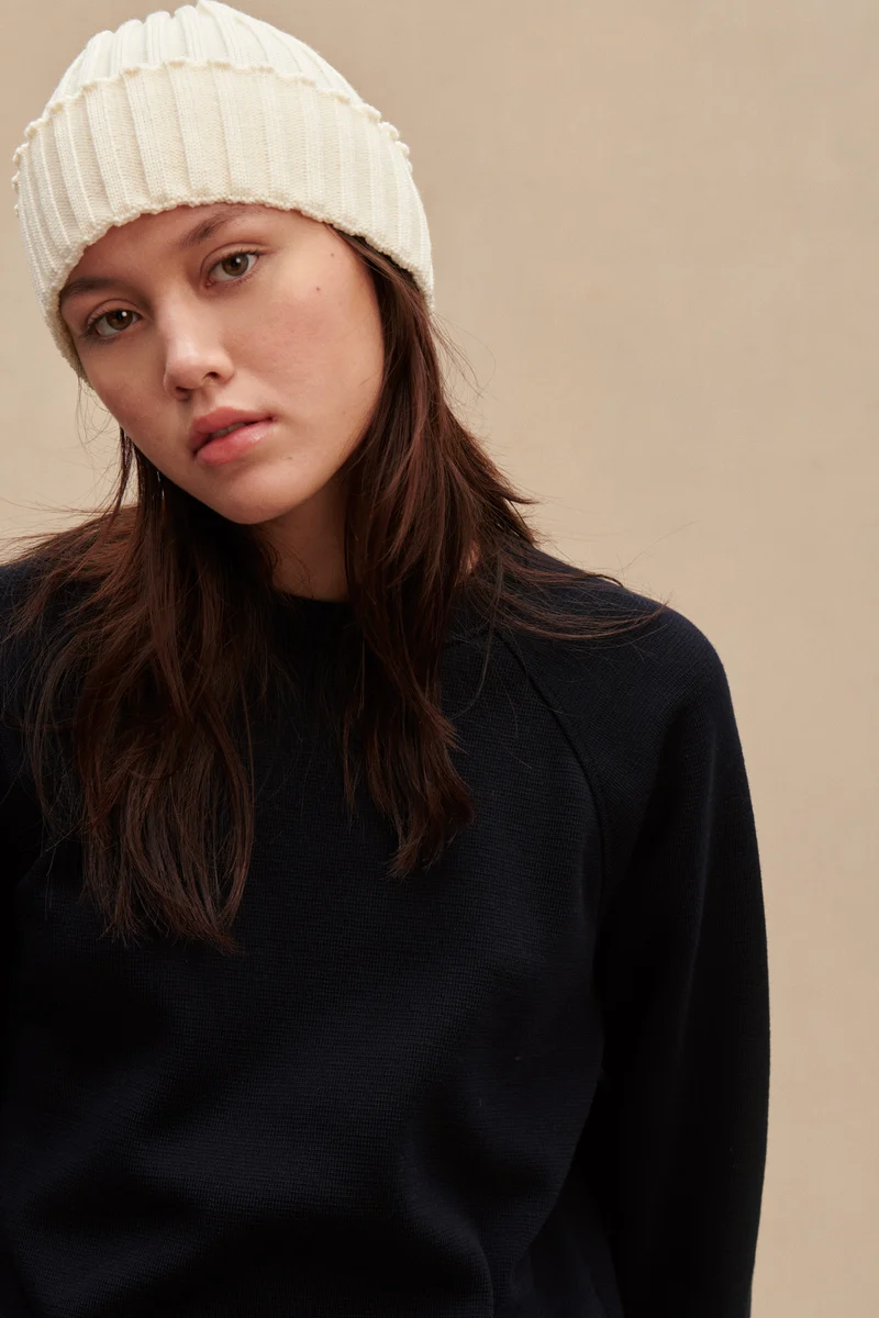 Bonnet à côtes beige écume 100% laine mérinos