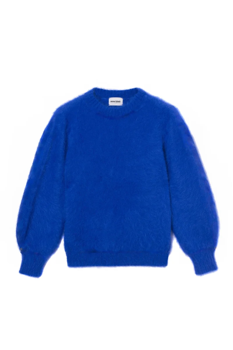Pull Alix Angora bleu olympiade et doré.
